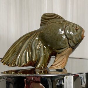 Pottery Koi Fish Figurine - Sage Green and Brown/Tan